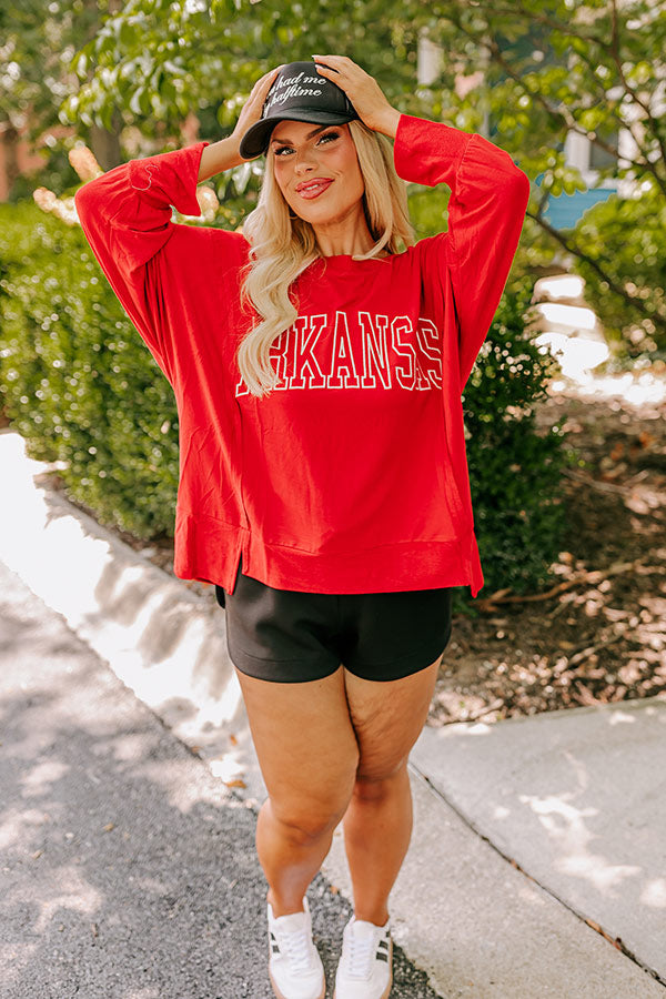 Arkansas Embroidered Long Sleeve Tee in Red Curves