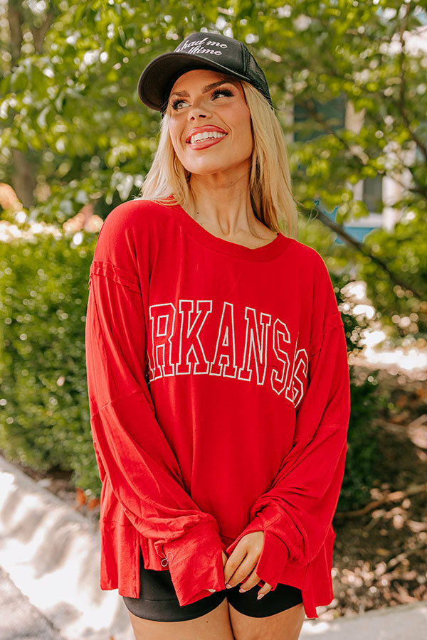 Arkansas Embroidered Long Sleeve Tee in Red Curves