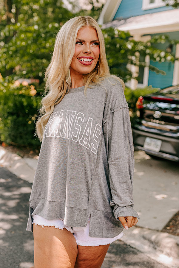 Arkansas Embroidered Long Sleeve Tee in Grey Curves