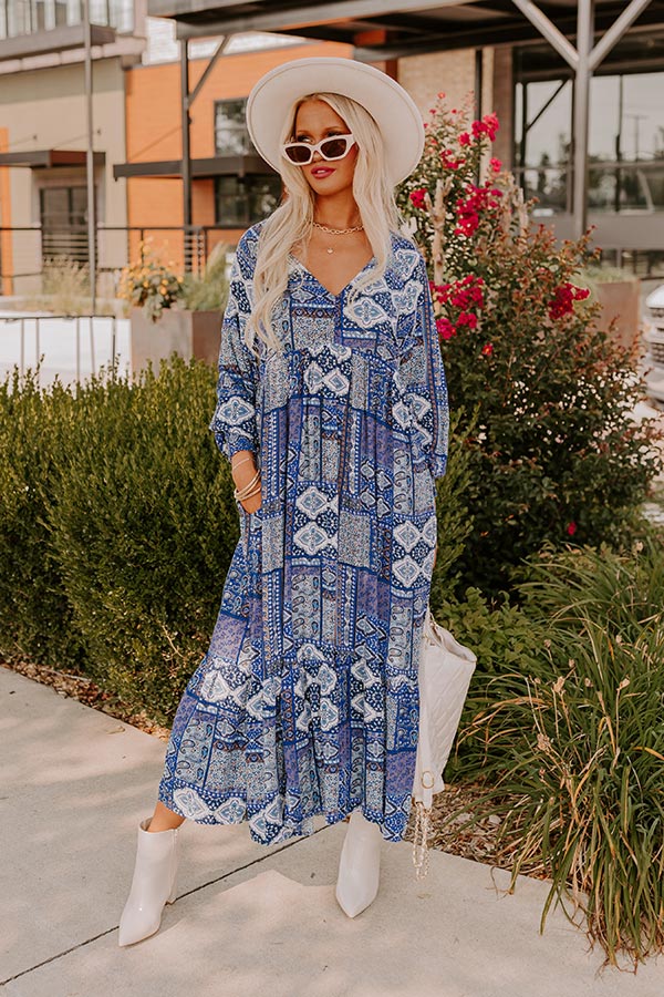 blue paisley print maxi dress Yumi Women's 3/4 Sleeves Paisley Wrap Midi Dress