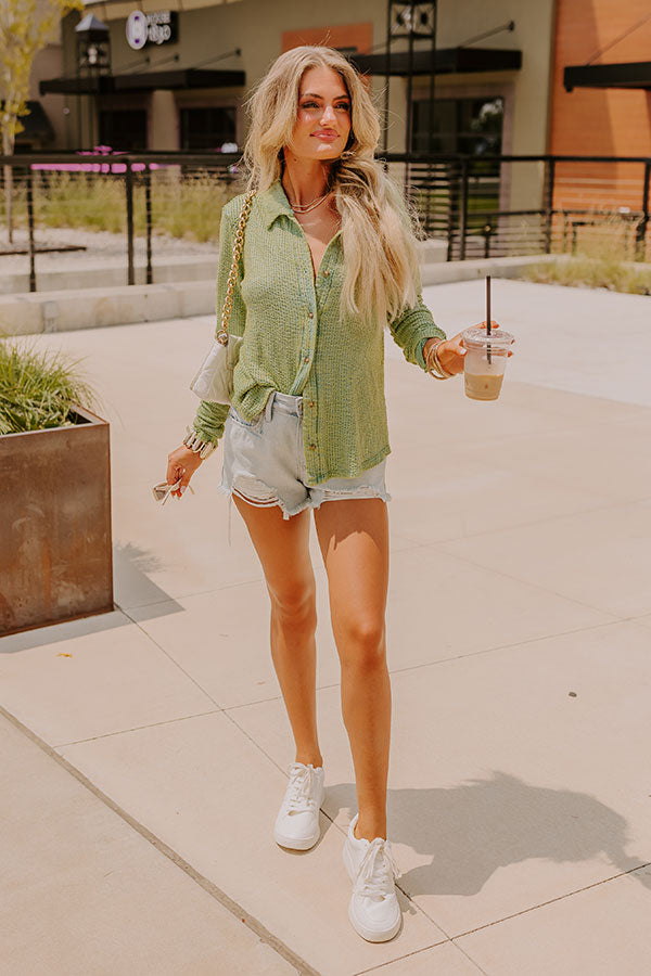 Fab Lifestyle Knit Button Up in Lime