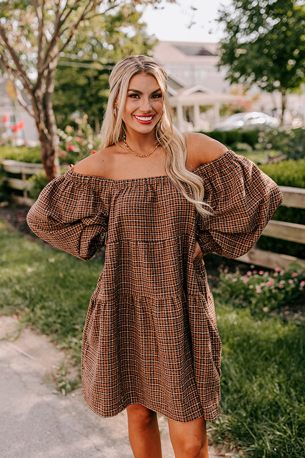 Pumpkin Spice Cutie Plaid Mini Dress in Brown