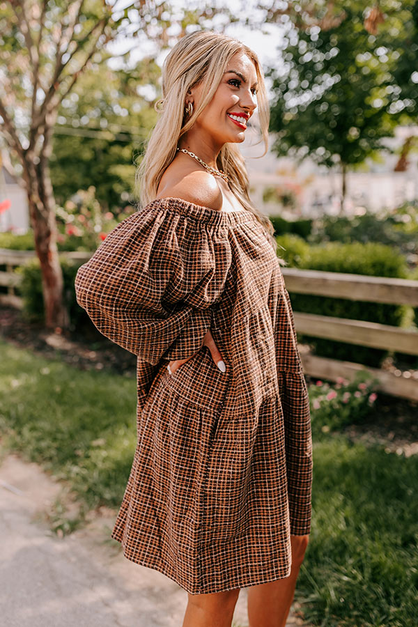 Pumpkin Spice Cutie Plaid Mini Dress in Brown