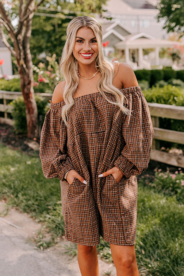 Pumpkin Spice Cutie Plaid Mini Dress in Brown Pumpkin Spice Cutie Plaid Mini Dress in Brown