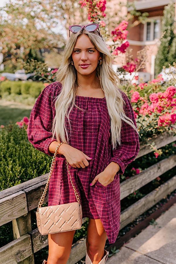 Pumpkin Spice Cutie Plaid Mini Dress in Wine