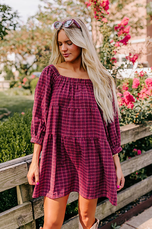 Pumpkin Spice Cutie Plaid Mini Dress in Wine