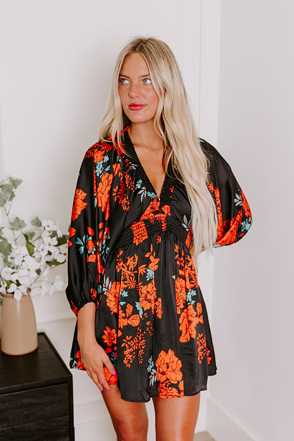 Botanical Bliss Satin Mini Dress in Black