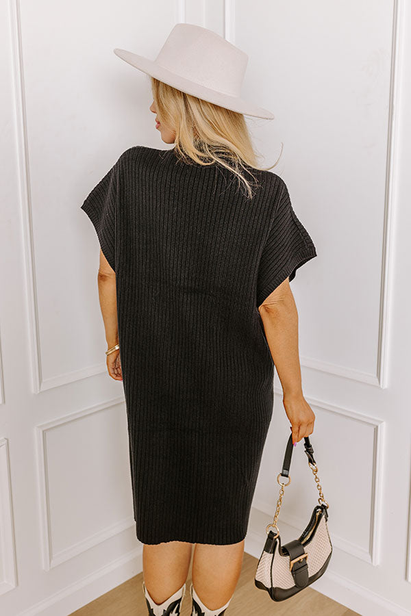 Autumn Crisp Ribbed Sweater Dress in Black Curves