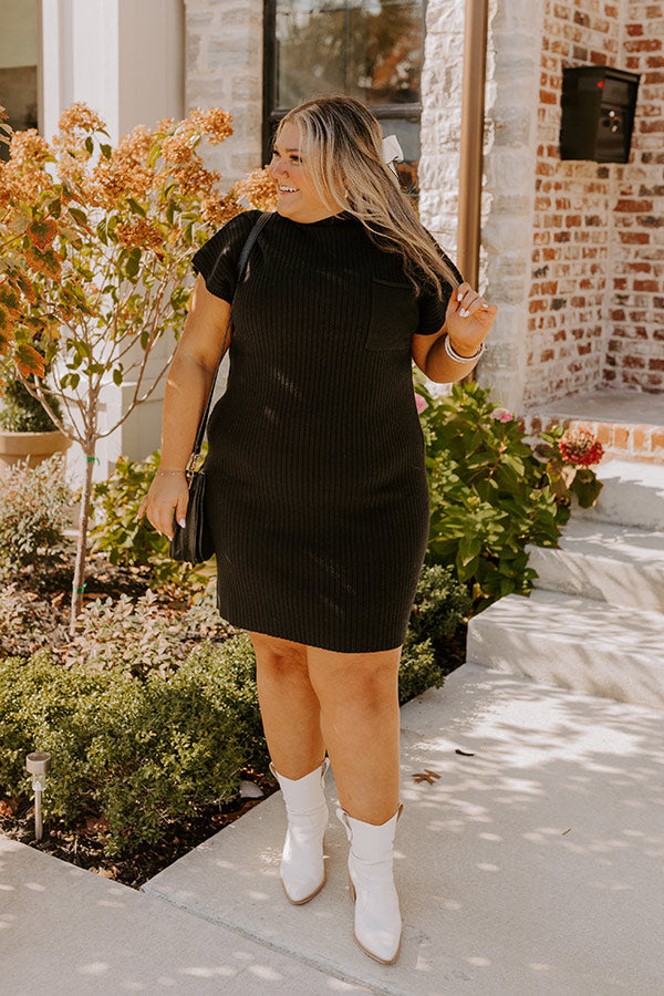 Autumn Crisp Ribbed Sweater Dress in Black Curves