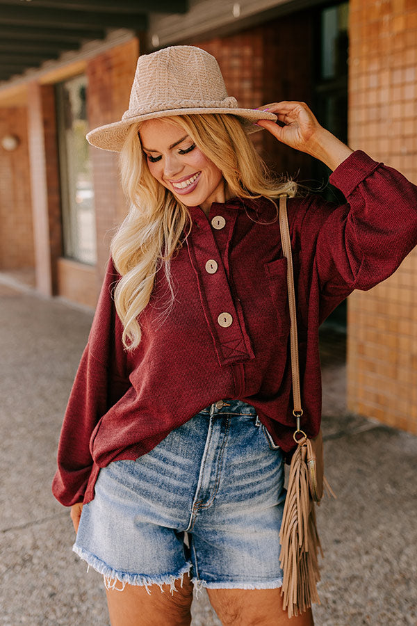 Chic Harvest Knit Henley Top in Rustic Wine Curves