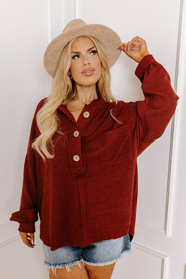 Chic Harvest Knit Henley Top in Rustic Wine Curves