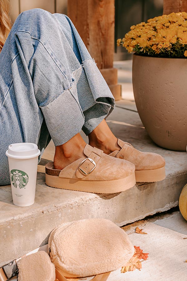 The Payton Faux Suede Platform Clogs in Iced Latte