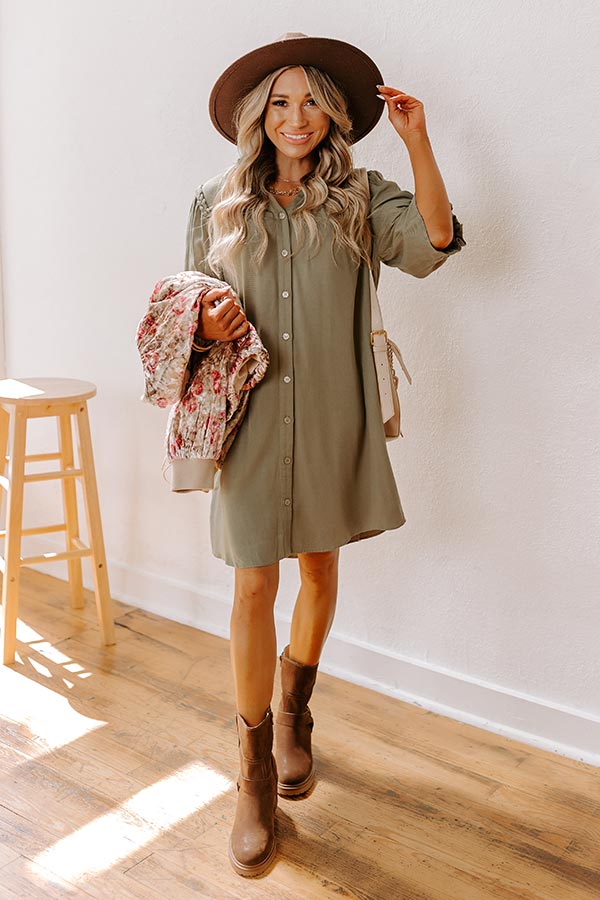 Falling Leaves Button Down Mini Dress in Olive