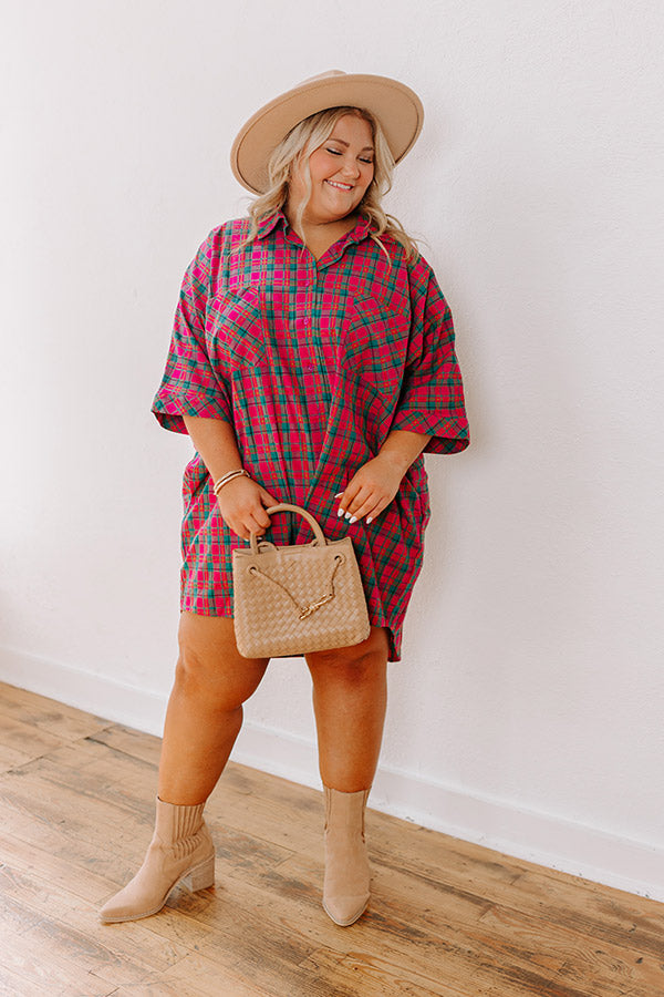 Cider Sippin' Oversized Plaid Mini Dress in Pink Curves