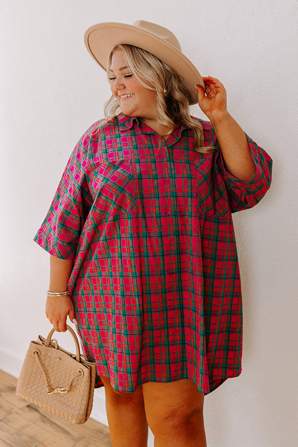 Cider Sippin' Oversized Plaid Mini Dress in Pink Curves   