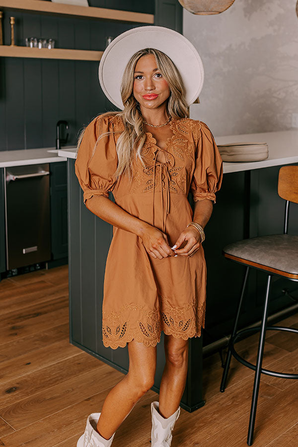 Chic Feeling Embroidered Mini Dress in Camel