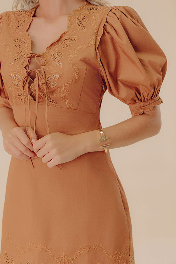Chic Feeling Embroidered Mini Dress in Camel Image - 2