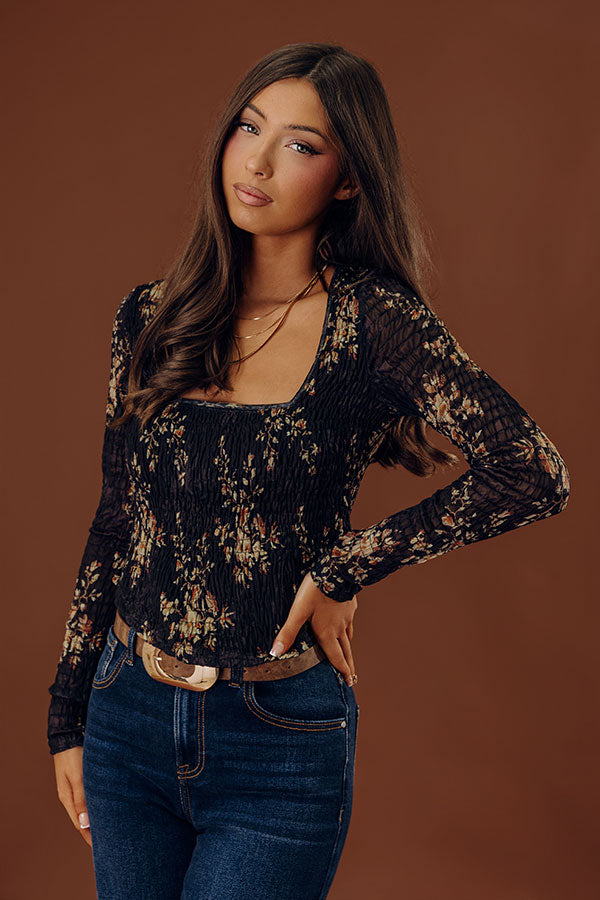 Slowly Falling For You Smocked Mesh Top in Black Image - 2