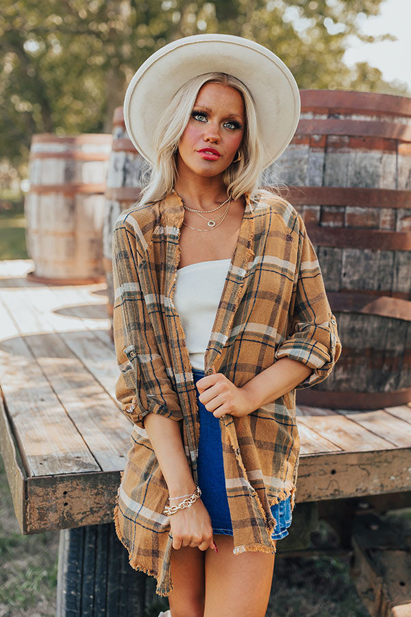 Hayride Happiness Vintage Wash Plaid Tunic in Camel   