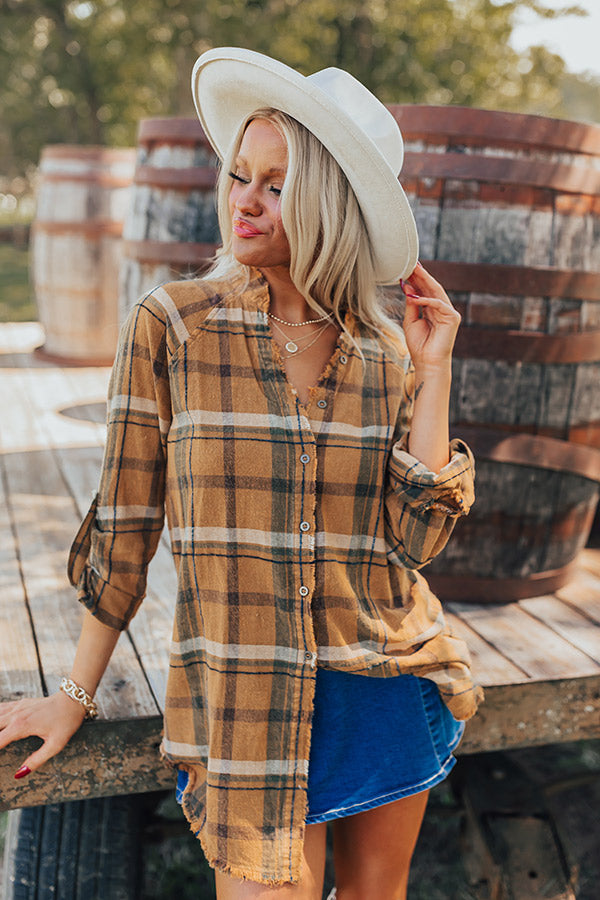 Hayride Happiness Vintage Wash Plaid Tunic in Camel   