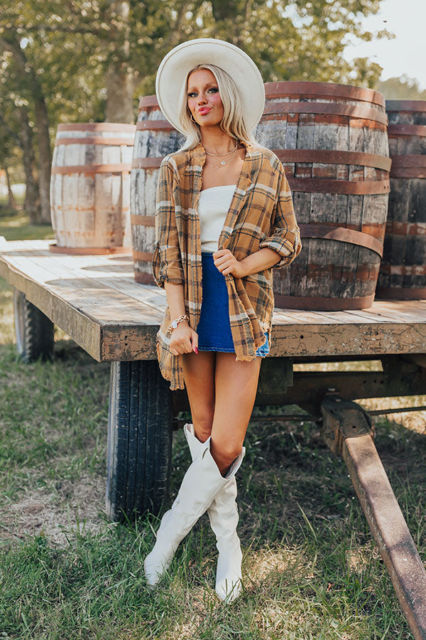 Hayride Happiness Vintage Wash Plaid Tunic in Camel   