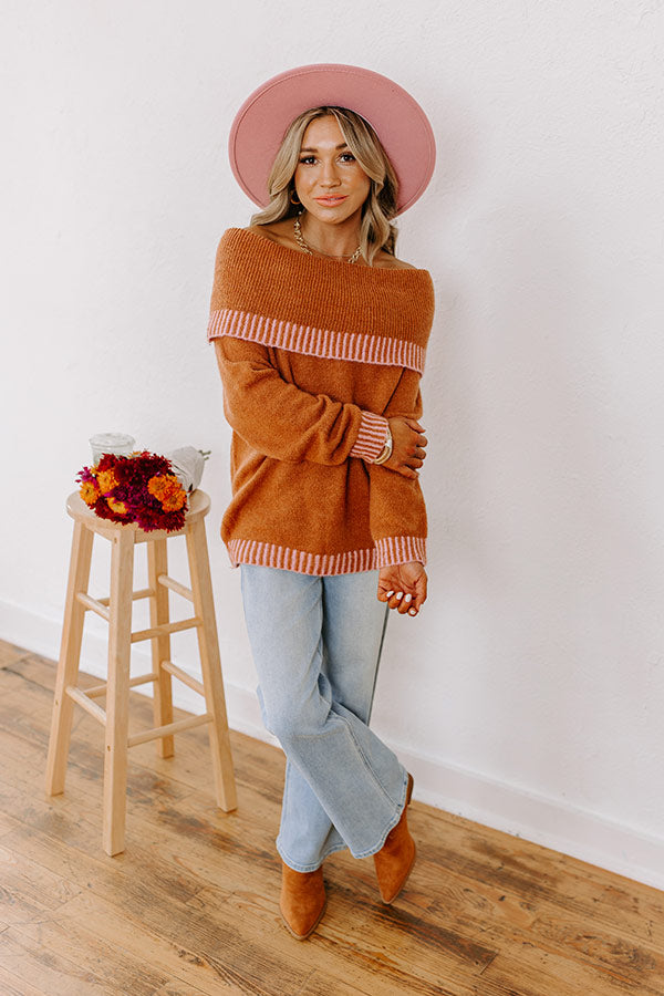 Chic Moment Off Shoulder Knit Sweater in Cinnamon