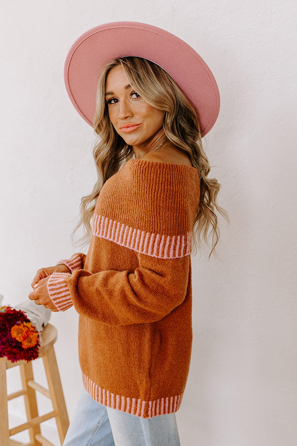 Chic Moment Off Shoulder Knit Sweater in Cinnamon