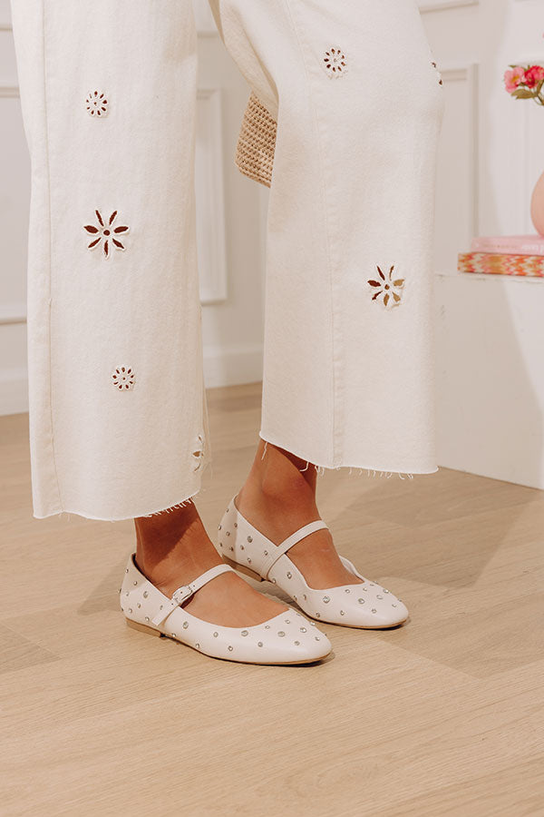 The Iris Rhinestone Embellished Faux Leather Flats in Cream