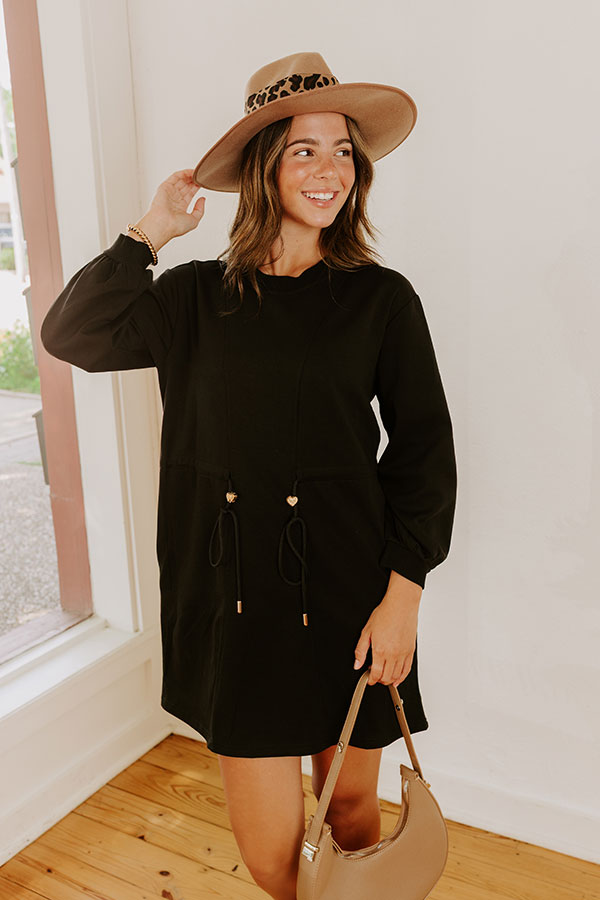 black drawstring mini dress Black Cotton Drawstring Mini Dress