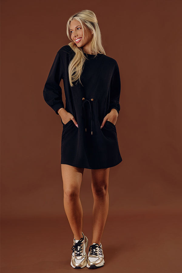 Latte Run Drawstring Mini Dress in Black Image - 2