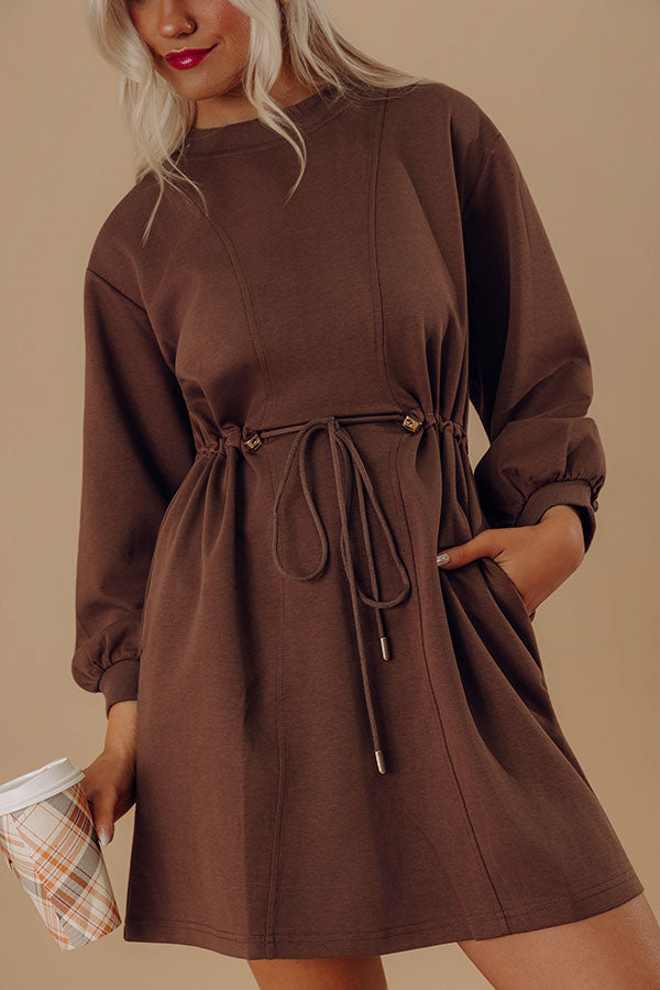 Latte Run Drawstring Mini Dress in Chocolate Image - 2