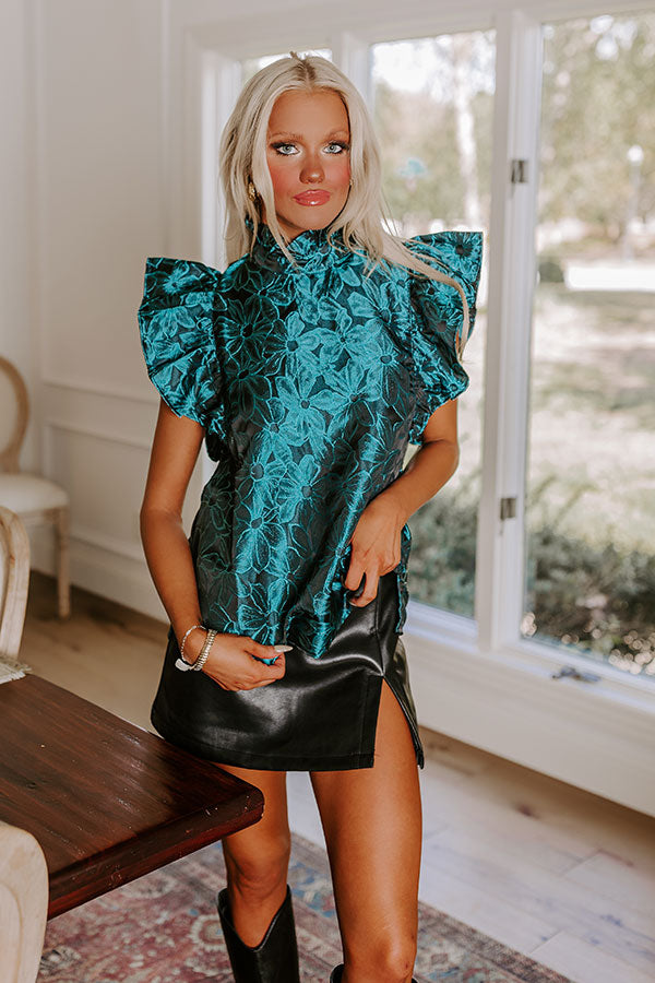 Rooftop Skyline Floral Jacquard Top in Teal
