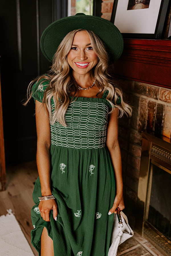 Napa Nights Smocked Midi in Hunter Green