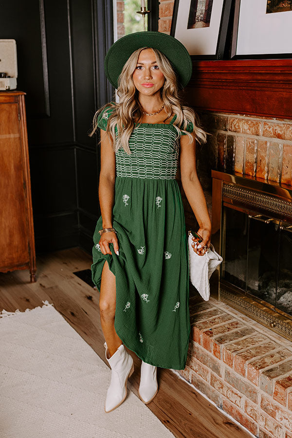 Napa Nights Smocked Midi in Hunter Green