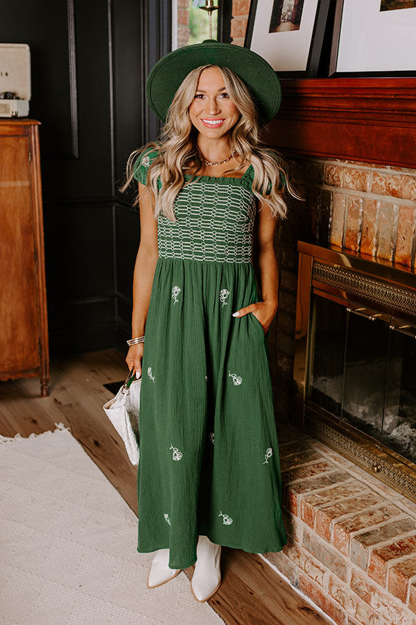 Napa Nights Smocked Midi in Hunter Green