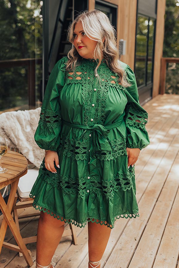 Candlelight Dinner Crochet Mini Dress in Hunter Green Curves