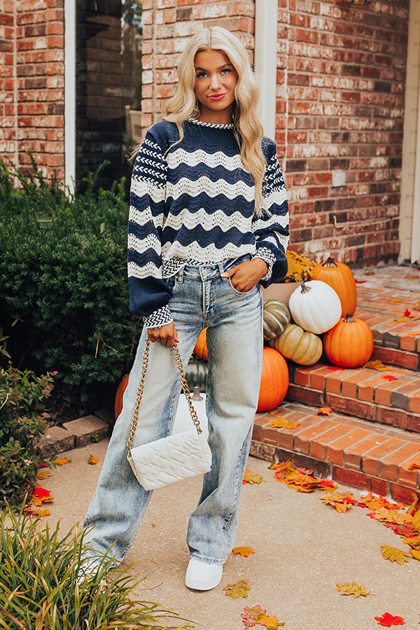 Hot Cocoa Crushing Pointelle Knit Sweater in Navy