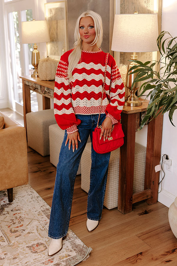 Hot Cocoa Crushing Pointelle Knit Sweater in Red