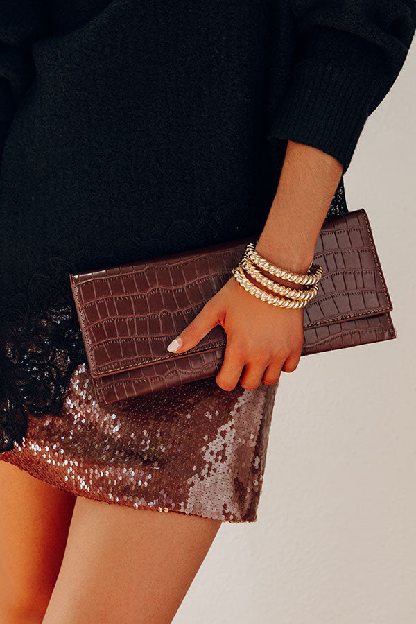 Fashionably Late Faux Leather Clutch in Chocolate
