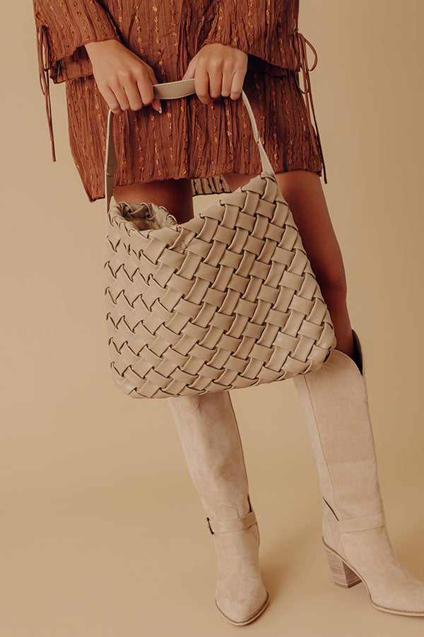 Chic Cityscape Faux Leather Woven Tote in Warm Taupe Image - 1