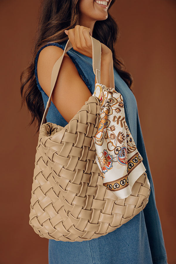 Chic Cityscape Faux Leather Woven Tote in Warm Taupe
