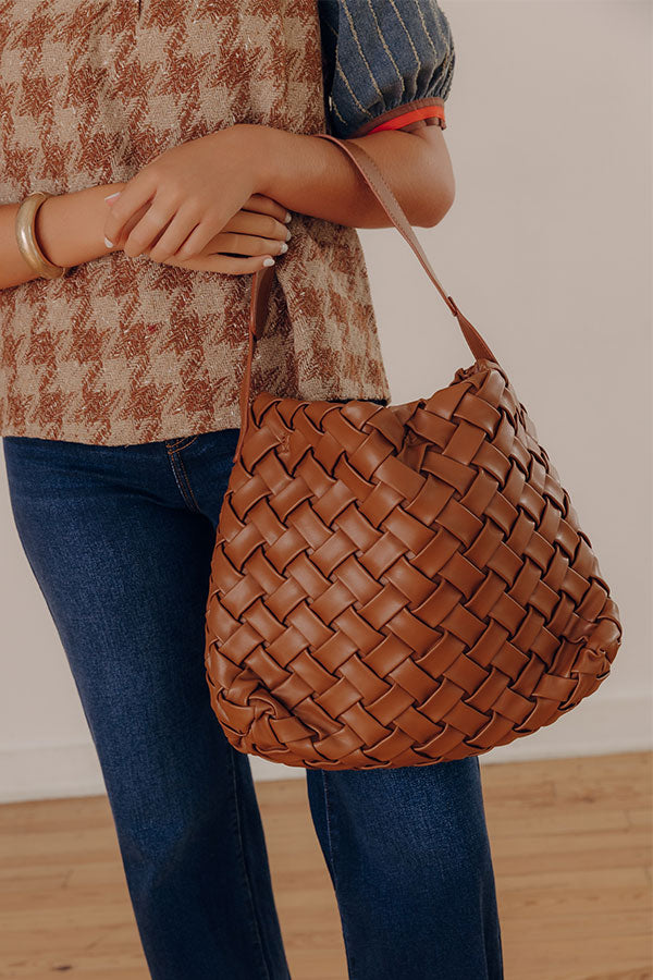 Chic Cityscape Faux Leather Woven Tote in Brown