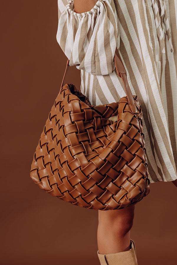 Chic Cityscape Faux Leather Woven Tote in Brown