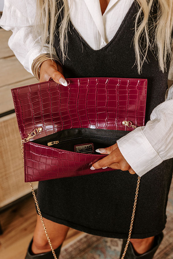 Fashionably Late Faux Leather Clutch in Wine