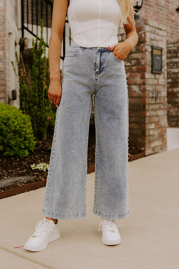 The Lorelai High Waist Pearl Embellished Jean in Light Wash Image - 4