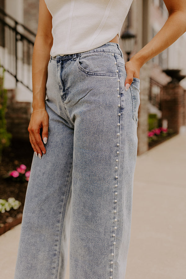 The Lorelai High Waist Pearl Embellished Jean in Light Wash Image - 2