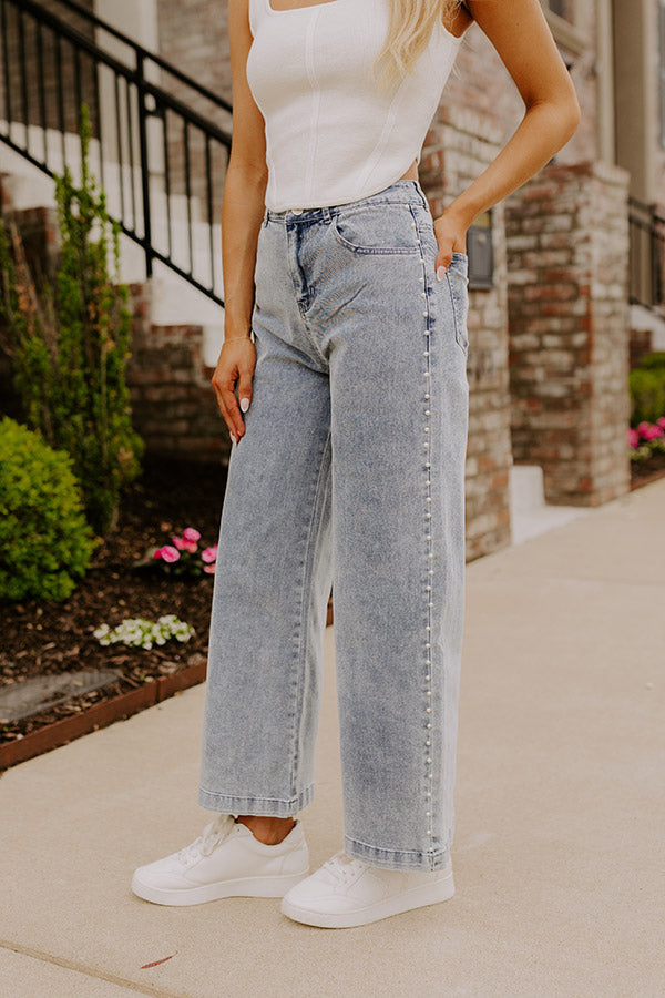 The Lorelai High Waist Pearl Embellished Jean in Light Wash