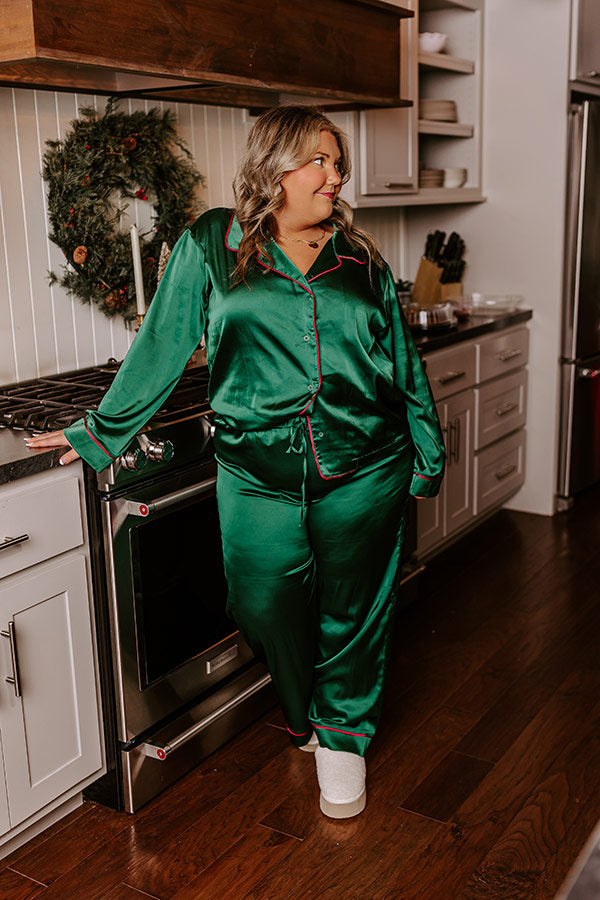 Feeling Luxurious Satin Pajama Pants in Hunter Green Curves