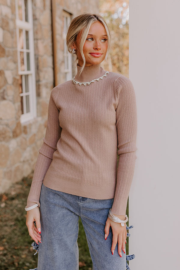 Glam Feeling Rhinestone Embellished Knit Top in Taupe