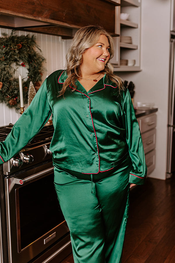 Feeling Luxurious Satin Pajama Top in Hunter Green Curves